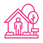 Icon of a pink person in front of pink house and tree