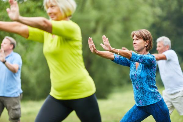 Two men and two women practicing tai chi in the park