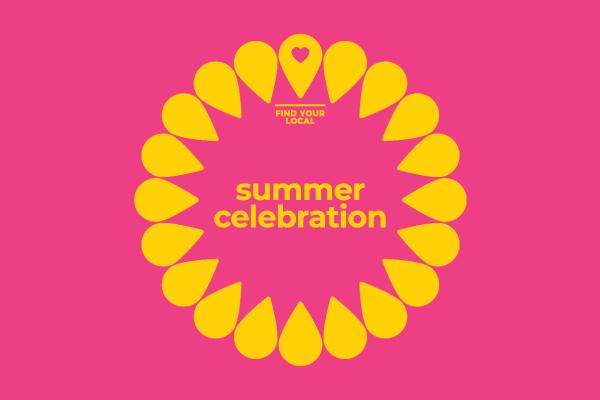 This is a graphic designed image of the words Find Your Local Summer Celebration in yellow surrounded by a circle of yellow tear drops that look like a sun, on a hot pink background.