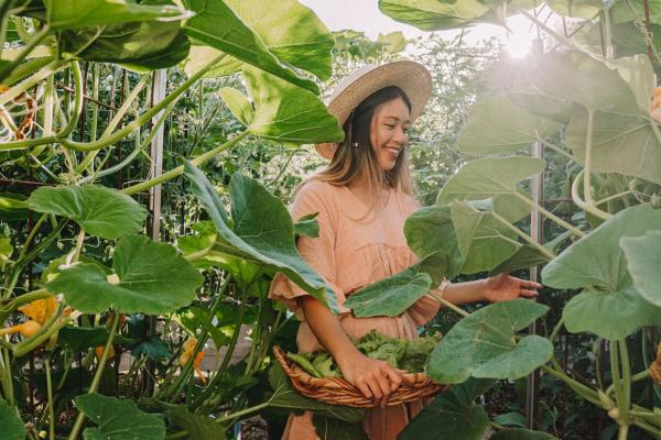 A young woman smiles under a pumpkin vine arch, picking vegetables 