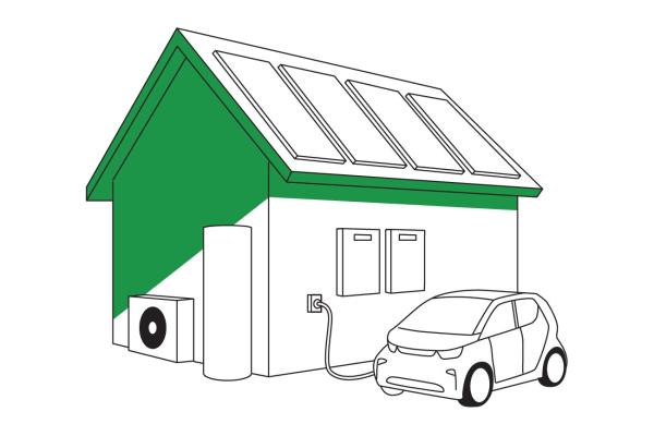 A home with solar panels, batteries and a hot water heat pump. An electric car is parked next to the house. 