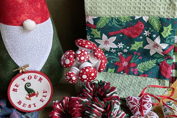 various festive crafts on a couch