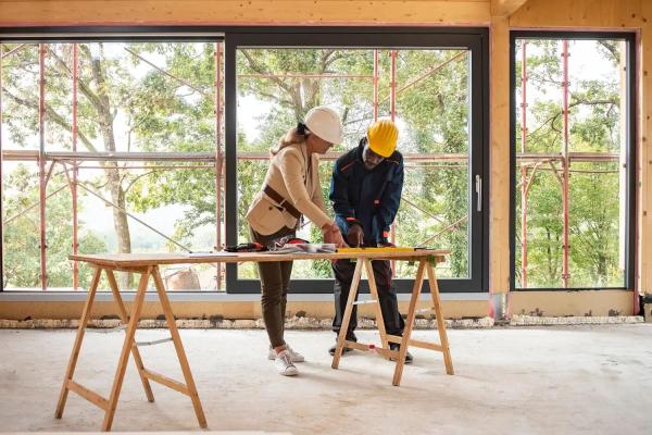 Two people standing within a building under construction looking at plans
