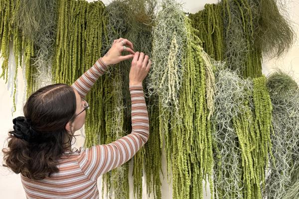 Artist Kayla Moon adding the finishing touches to her botanical display in the foyer of the Civic Centre.