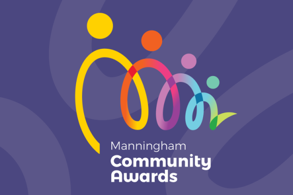 Colourful ribbon-like figures on a purple background with text: Manningham Community Awards. A vibrant, inclusive community design.