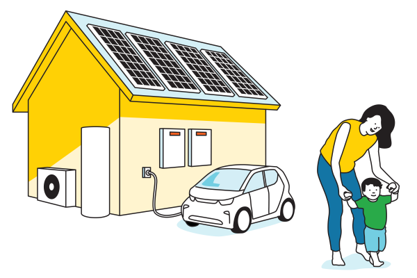 A home with solar panels, reverse cycle air conditioning and a hot water heat pump with an EV charging in front. A woman with child stands near the house.