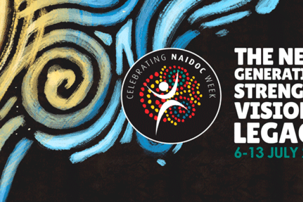 Logo for NAIDOC Week with blue swirls around a yellow circle on a black background that reads The Next Generation: Strength, Vision and Legacy 6-13 July 2025
