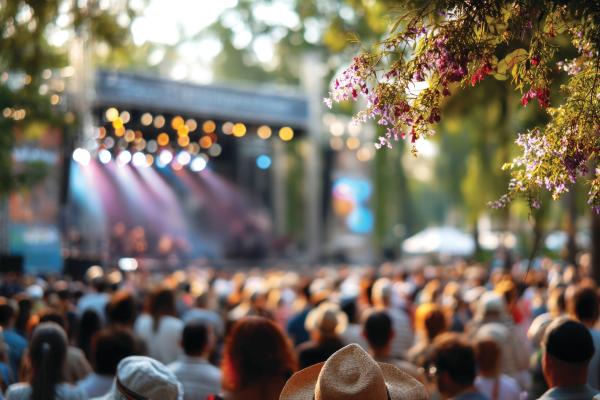 Photograph showing a large group of people from behind watching a performance on a stage in the distance. It is daytime but there are colourful lights on the stage and beaming out across the audience.