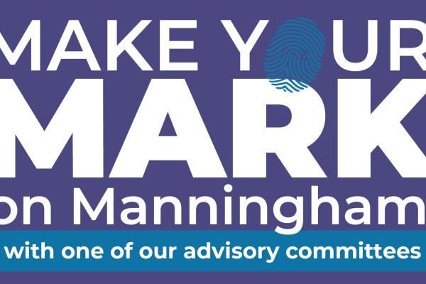 The words "Make your mark on Manningham with one of our advisory committees" in white text on a purple background with an image of a finger print replacing the letter O in your.
