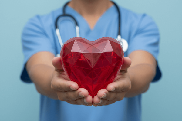A person in blue medical scrubs and mask holds out a red, jewel-like plastic heart