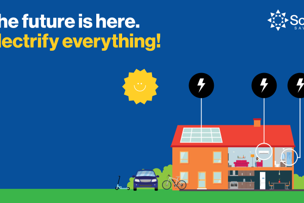 A home with solar panels, reverse cycle air conditioning and a hot water heat pump. Text on the image says The Future is here Electrify Everything.