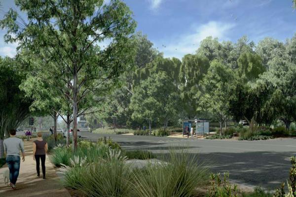 Artist's impression of tree lined road with pedestrians walking on footpath