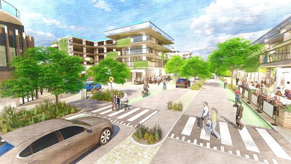 Artist's render of Tunstall Square Shopping Centre with medium density buildings, mature green trees, pedestrian crossing and a car in the foreground