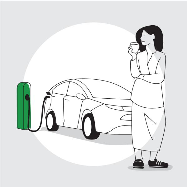 Graphic of a woman holding a a cup and looking over her shoulder at an electric vehicle changing