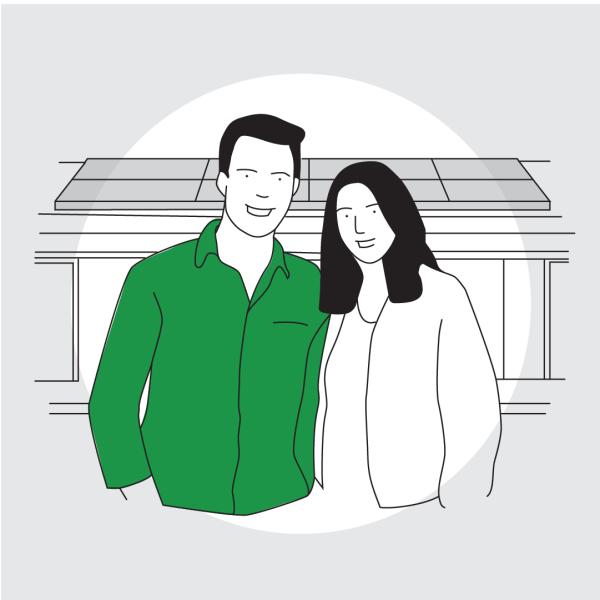 Graphic of a smiling couple standing in front of a house with solar panels on the roof.