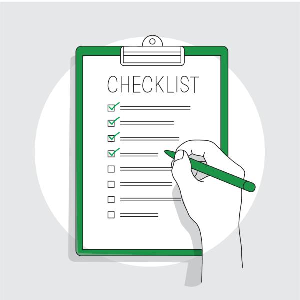 Graphic of a hand holding a green pen and ticking  off items in a checklist attached to a clipboard.