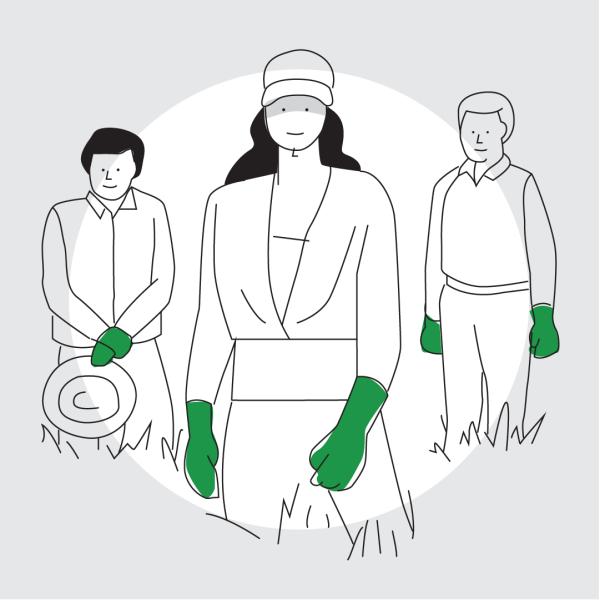 Graphic of three people wearing green gloves standing amongst knee high grass.