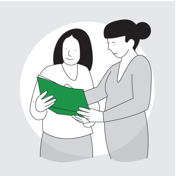 Graphic of two women holding a green folder, one is pointing to something on the page, the other looks on.