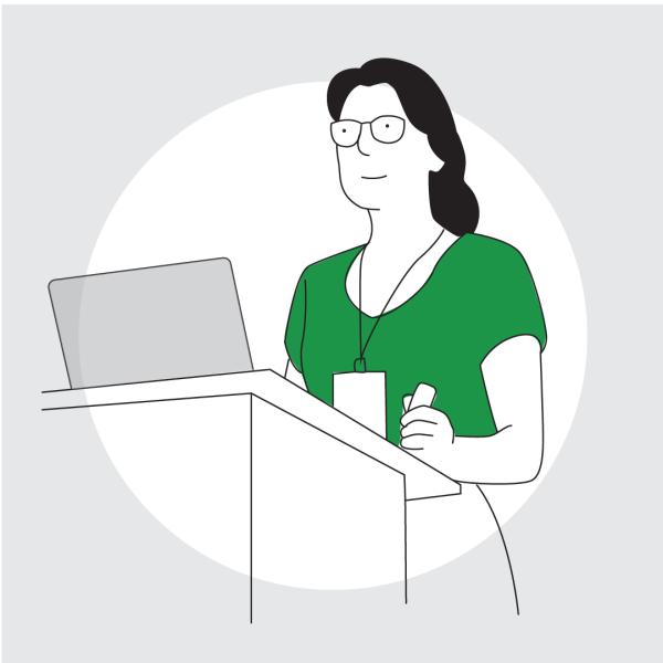 Graphic of a woman standing at a lectern, she is wearing a glasses and a green t-shirt.