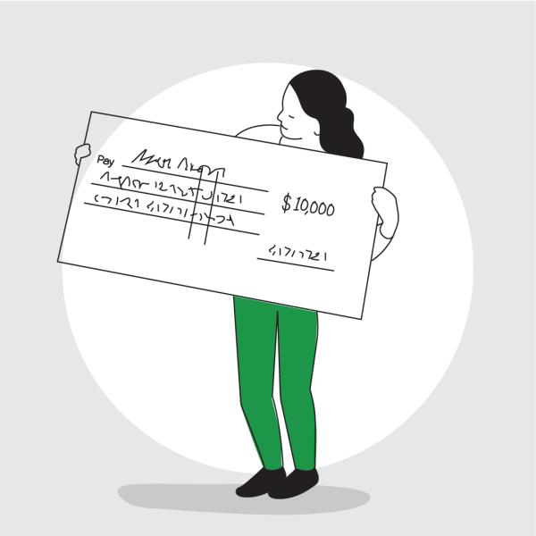 Graphic of a woman holding a giant cheque made out for $10,000.