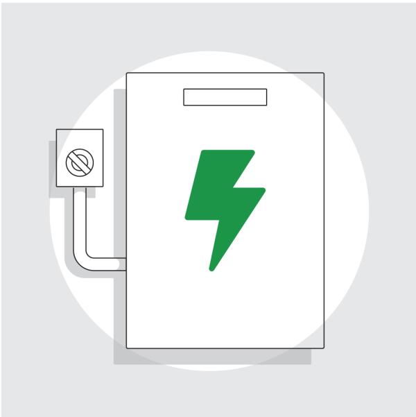 Graphic of a solar battery plugged into a power outlet. The battery has a large green lightening bolt symbol on it.