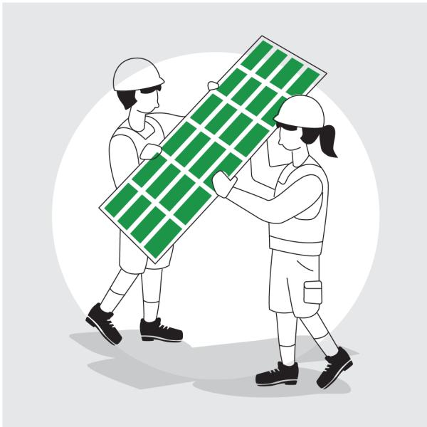 Graphic of two people wearing hard hats and work clothing and walking with a solar panel held between them.