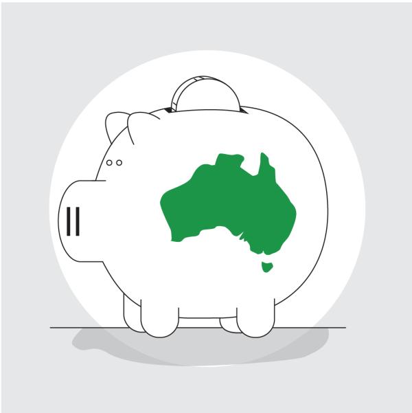 Graphic of a piggy bank with a green map of Australia.