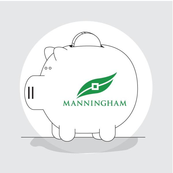 Graphic of a piggy bank with a green Manningham logo.