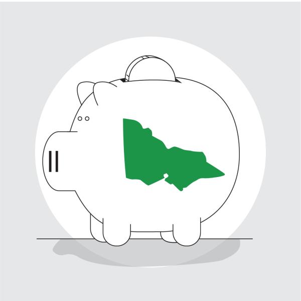 Graphic of a piggy bank with a green map of Victoria.