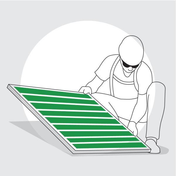 Graphic of a man wearing a hard hat and work clothing and holding a green solar panel.