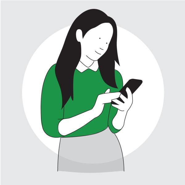 Graphic of a woman holding a mobile phone, she is wearing a green top.