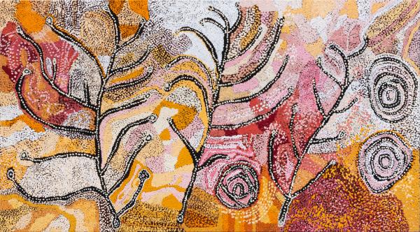 A painting of mostly orange, pink and yellow colours comprised of dots and small brushstrokes by First Nations arts Nellie Ngampa Coulthard. 