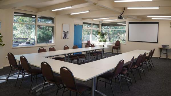 Photo showing the conference table with 12 chairs on each side and 4 on the end and a projector screen on the far side