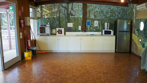 Photo of the kitchen showing fridge and mop buckets