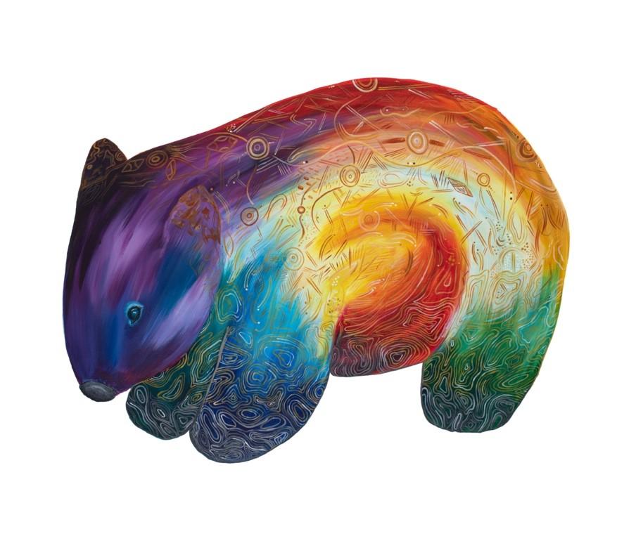 Rainbow coloured wombat with symbols etched into the surface by First Nation's artist Robert Michael Young