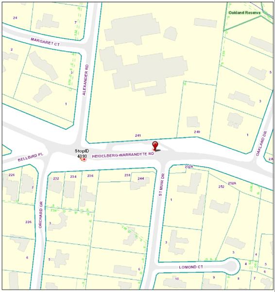 A map with a red pin icon showing the location of the Heidelberg-Warrandyte Road, Warrandyte bus shelter