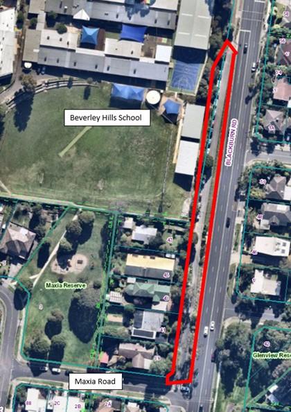 A satellite view map with line markings showing the location of the proposed footpath along Blackburn Road service road, Doncaster East