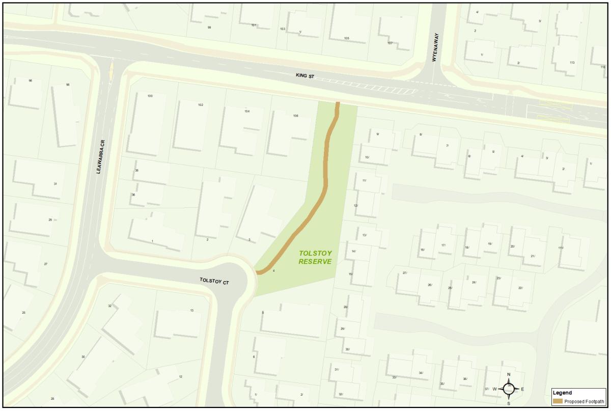 A map with a red pin icon showing the location of the proposed footpath at Tolstoy Reserve, Doncaster East