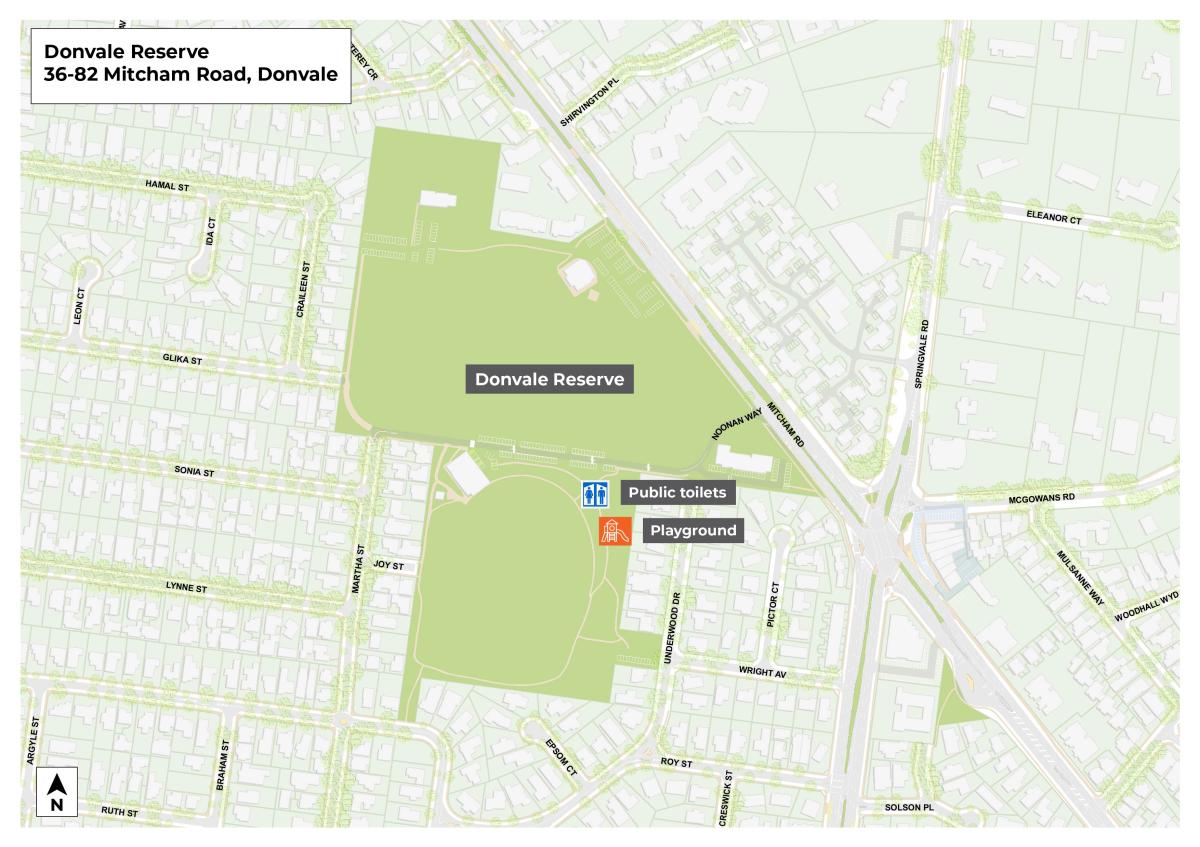 Map locating the public toilet at Donvale Reserve