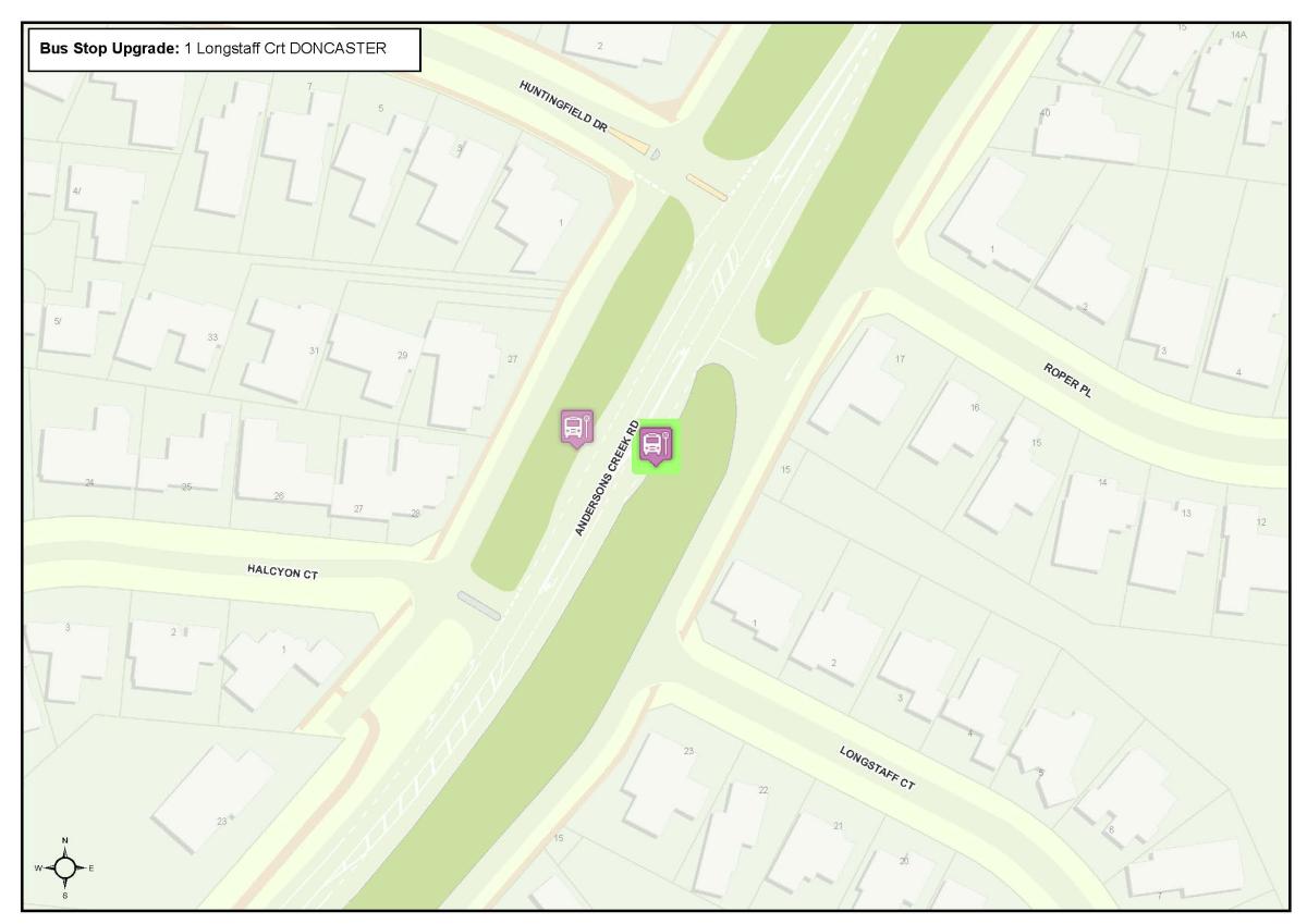 Map locating bus stop at Longstaff Court