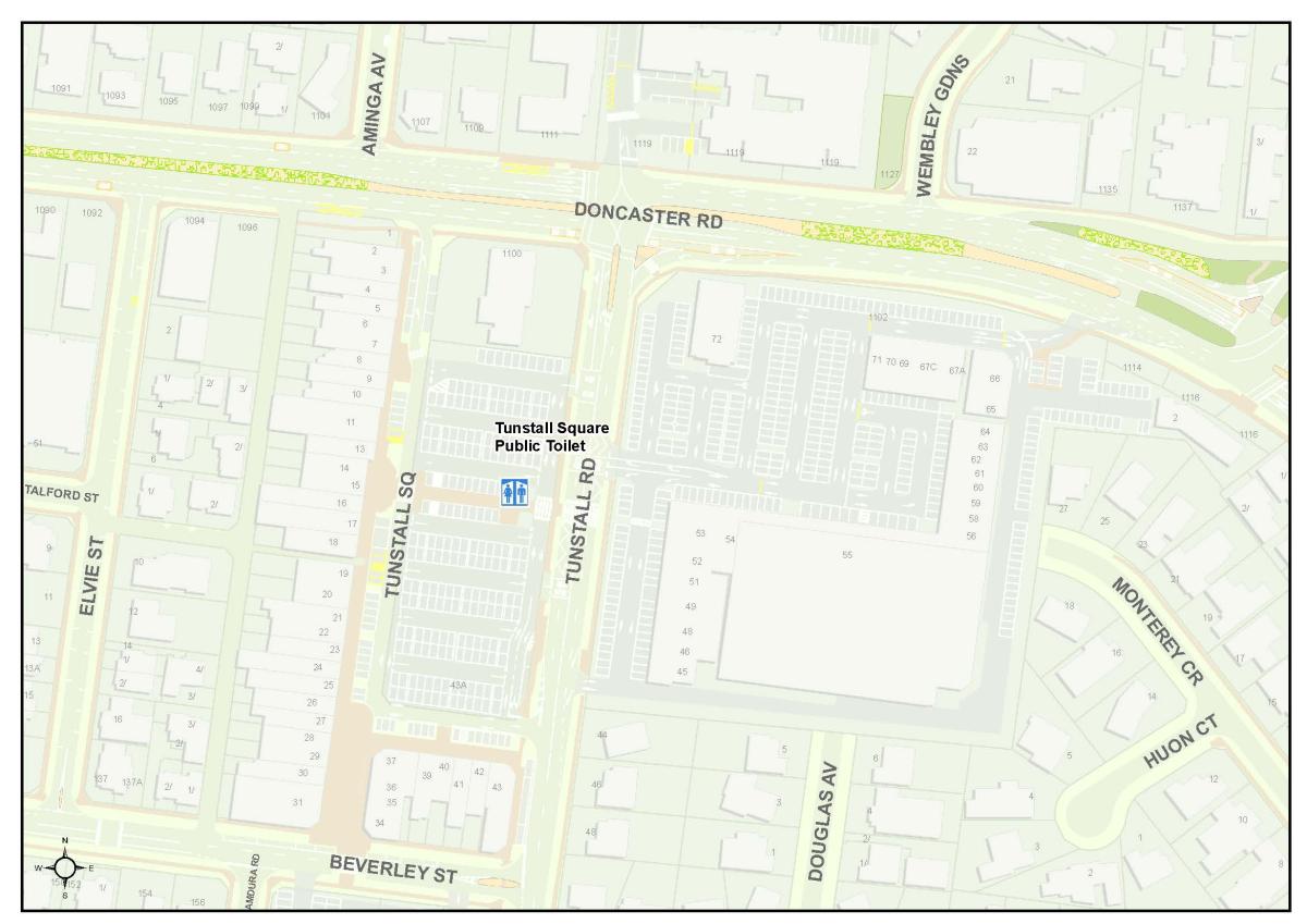 Map locating the public toilet at Tunstall Square