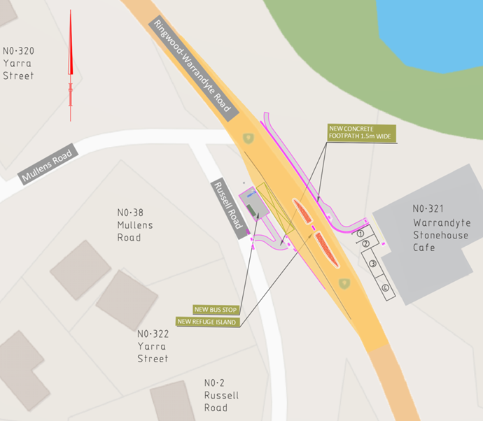 A map showing the location of the proposed refuge island along Ringwood Warrandyte Road, Warrandyte