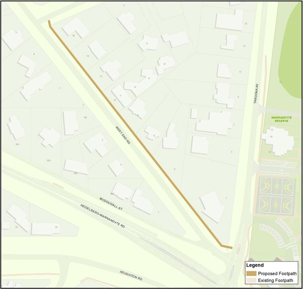 A map showing the location of the proposed footpath construction along West End Road, Warrandyte.