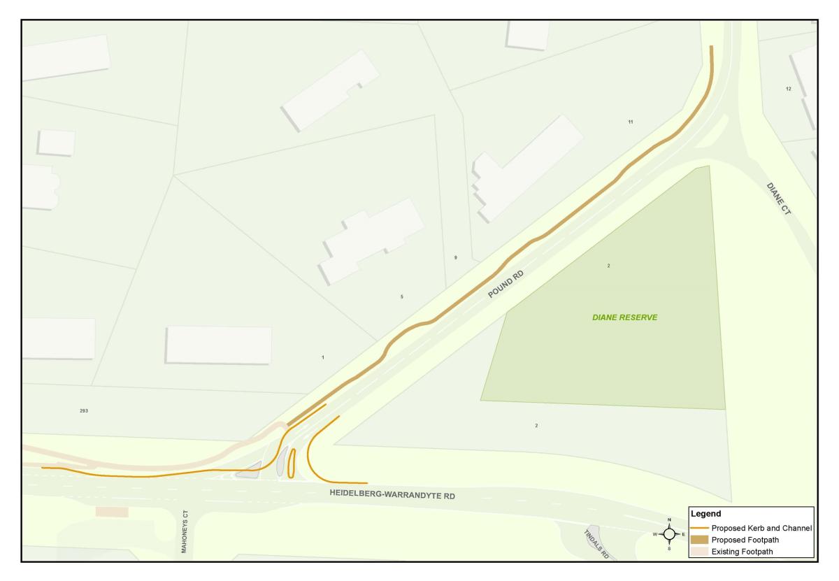 A map showing the location of the proposed footpath construction along Pound Road, Warrandyte.