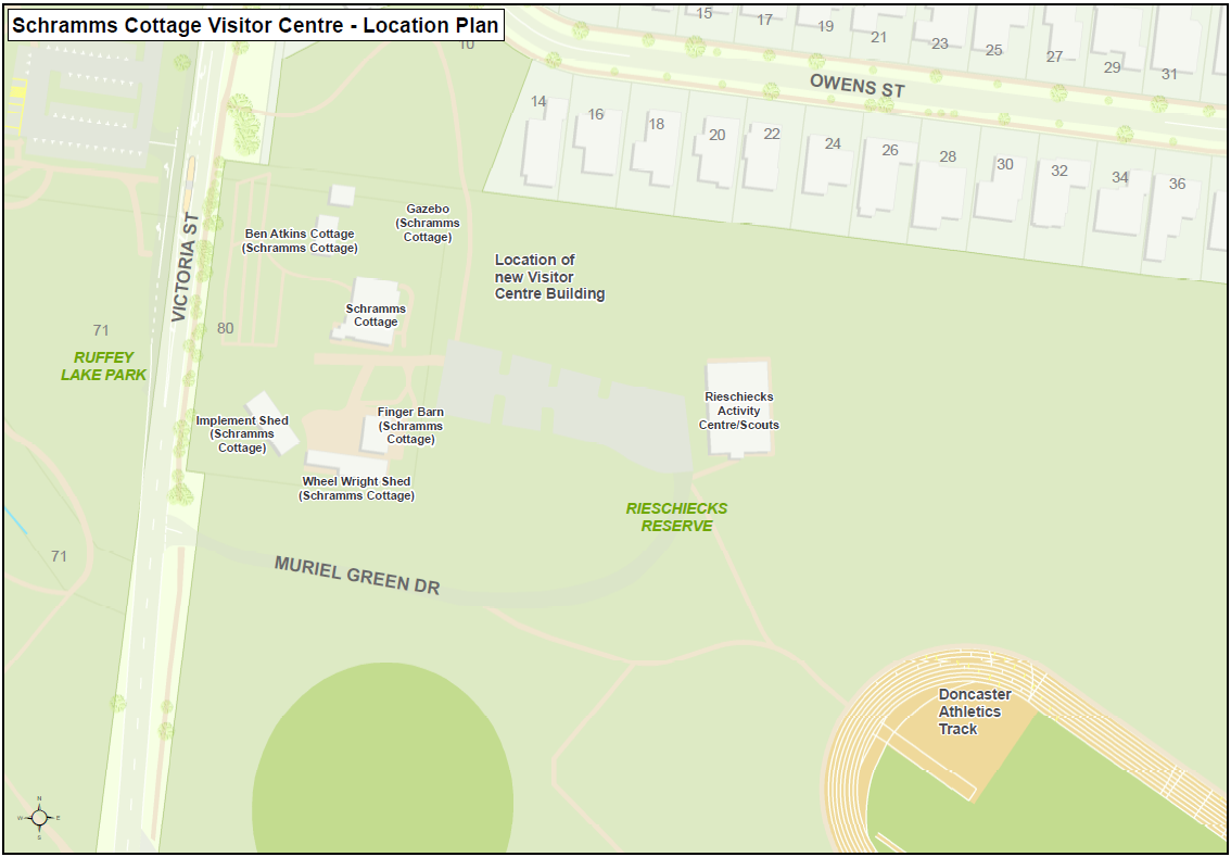 A map showing the location of the proposed building construction of Schramms Cottage Visitor Centre