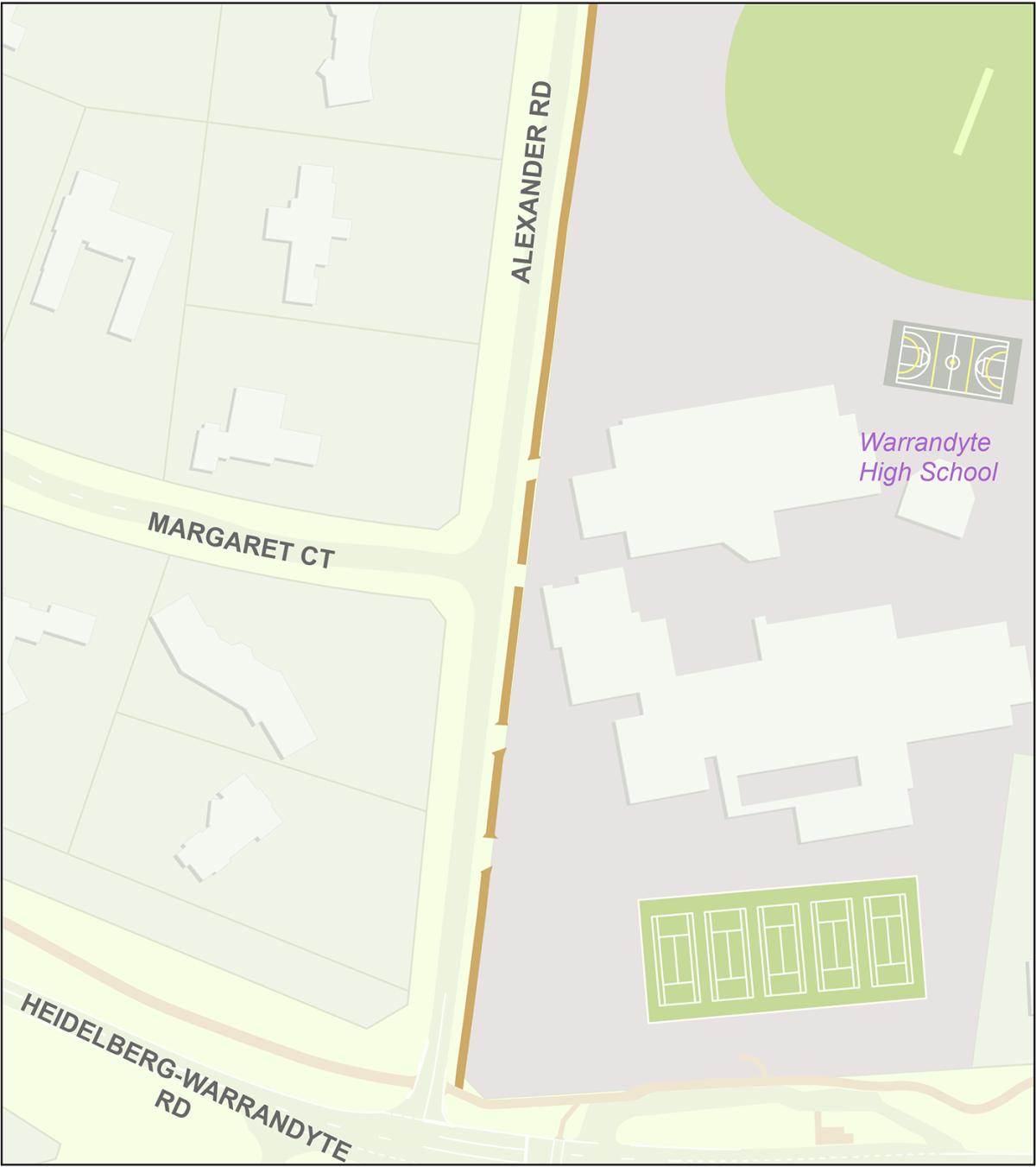 A map showing the location of the proposed footpath construction along Alexander Road, Warrandyte.