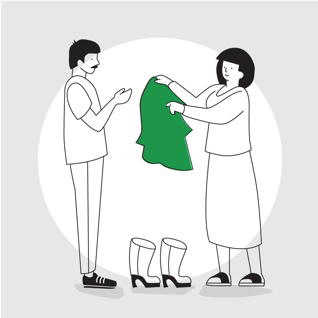 Graphic of a woman holding a green shirt out to a man who reaches towards it. A pair of boots are on the ground in between them.