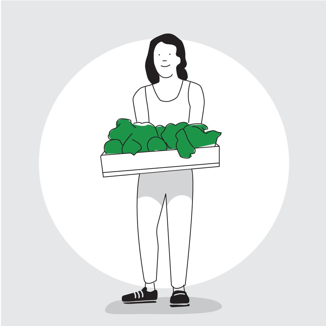 Graphic of a smiling woman holding a tray of green vegetables.