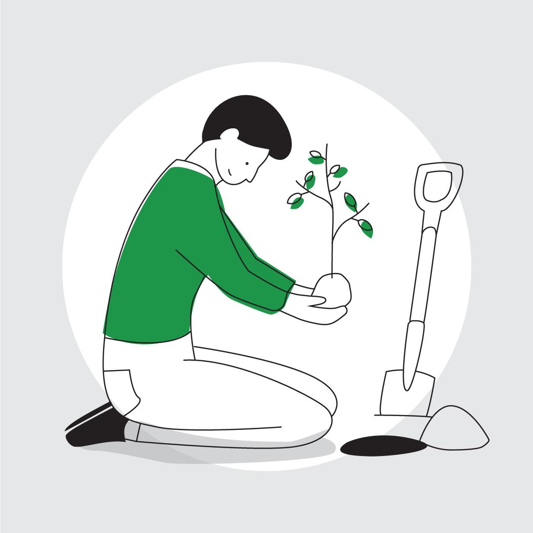 Graphic of a man holding a small plant above a hole in the ground, a shovel stands nearby.