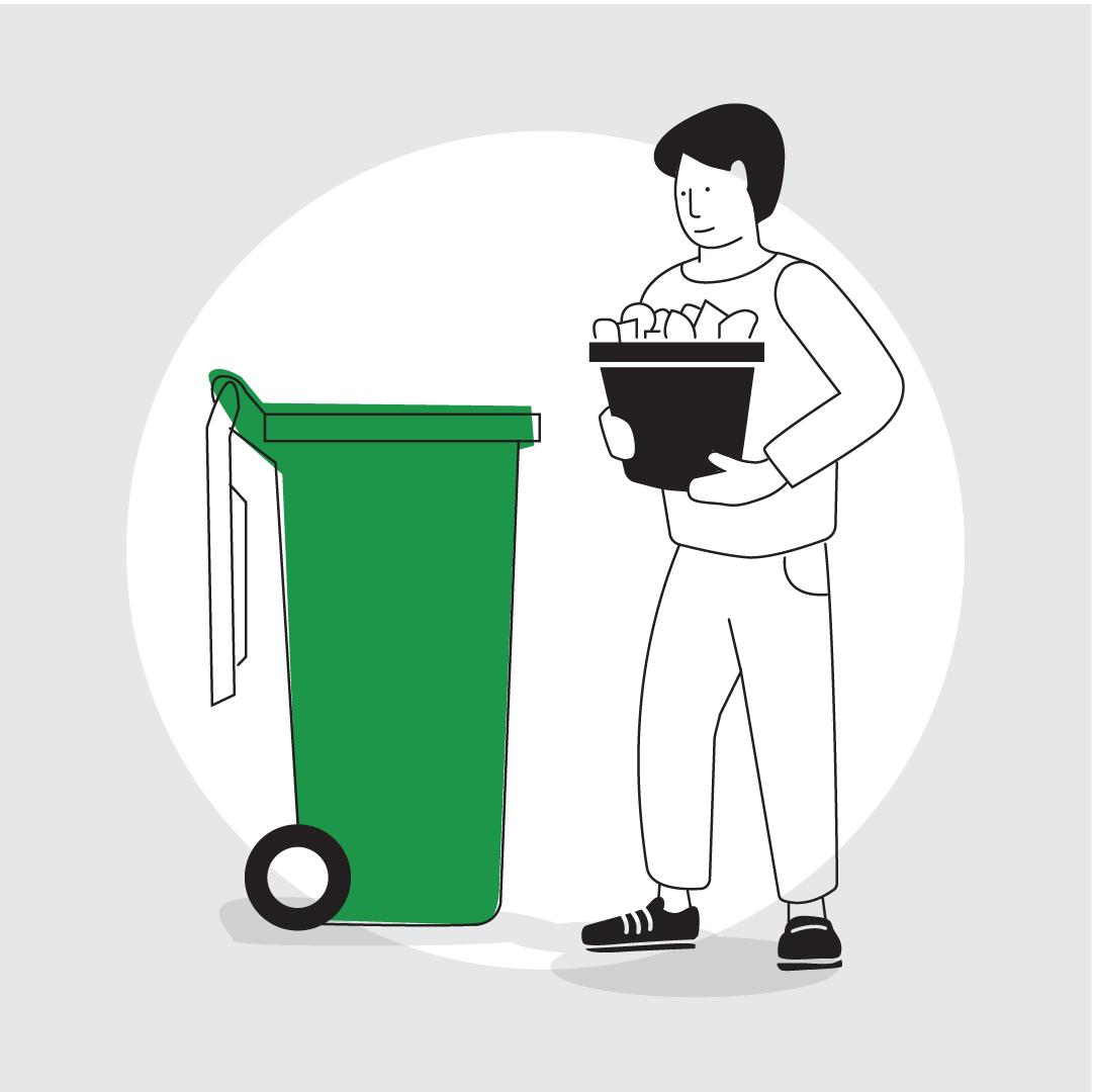 Graphic of a man holding a black tub full of scraps, he is standing in front of an open green rubbish bin.